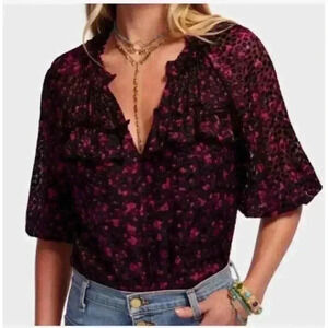 NEW Ramy Brook Sara V-Neck Puff Sleeve Blouse in Plumberry Black Pink Size Small